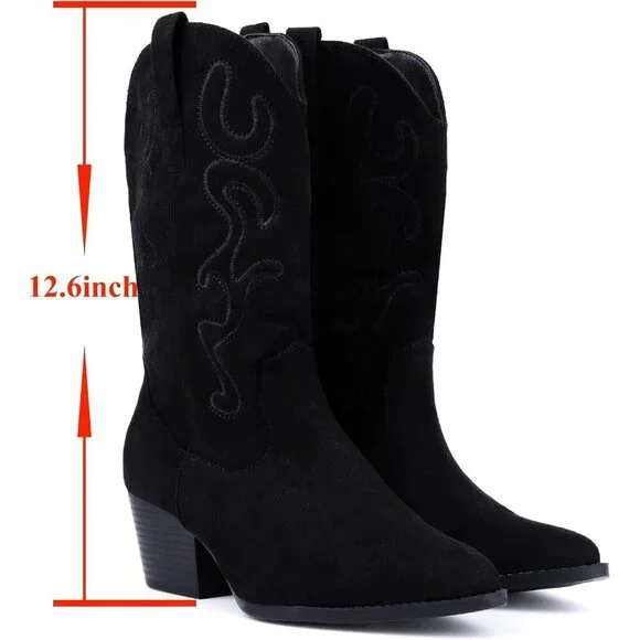 Women Black Suede Mid Calf Chunky Block Heel Western Embroidered Cowgirl Boot - Picture 2 of 7